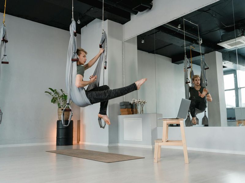 Serene yoga studio with minimalist decor.